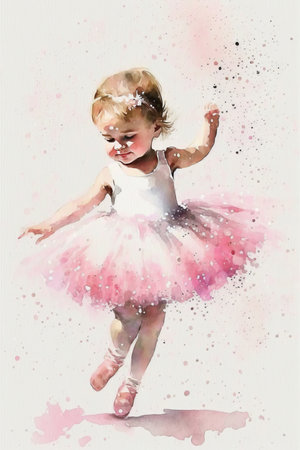 Watercolor little ballerina girl in a pink dress with a tutu skirt makes a pose on a white background. Generative ai.の素材