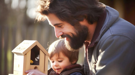 Father and his little child building birdhouse together during the golden hour. Concept of fathers day, fathers love, relationships between dad and child. Generative Ai.の素材