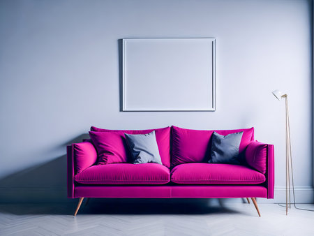 Blank frame mockup for artwork or print on blue wall with pink couch, copy space. Interior design. Generative Aiの素材