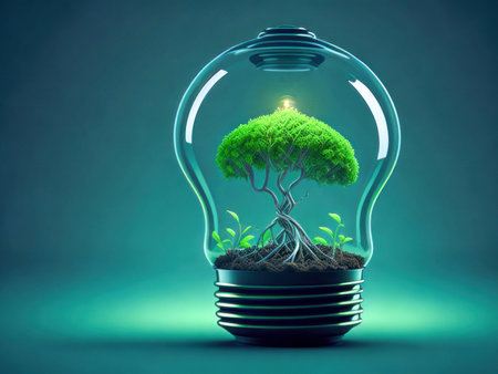 Eco friendly lightbulb with new growth, concept of Renewable Energy and Sustainable Living. concept business energy in nature on the world. Generative Aiの素材