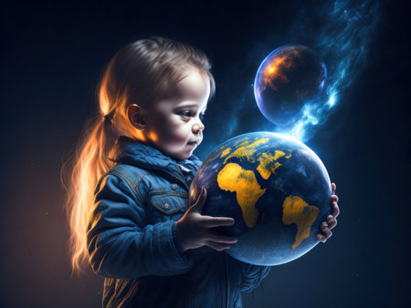 Small girl is holding the Earth. Save the planet. Earth Day. Future is in Their Hands. Generative Aiの素材