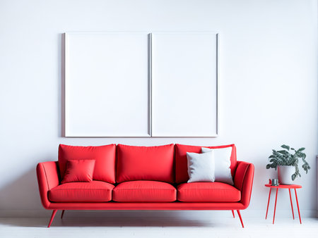 Blank frame mockup for artwork or print on pastel white wall with red couch, copy space. Interior design. Generative Aiの素材