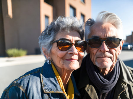 Smiling senior couple with grey hair in sunglasses with modern clothes walking at the city enjoying the retirement together. Generative Aiの素材