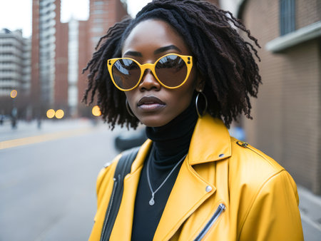 Charming black woman in yellow sunglasses wearing stylish yellow leather jacket looking at the camera standing on a blurred city background. Hipster girl. Generative Aiの素材