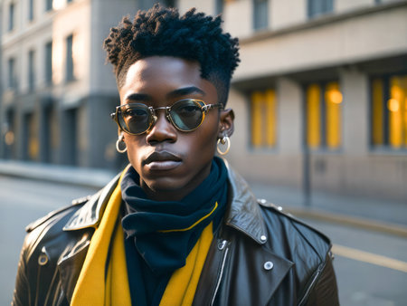 Charming black man in sunglasses wearing stylish leather jacket with yellow scarf looking at the camera standing on a blurred city background. Hipster boy. Generative Aiの素材