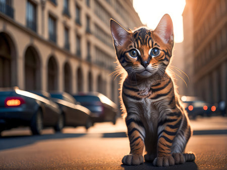 Cute bengal kitten portrait on city on background. Street cat, vacation relax concept. Generative Aiの素材