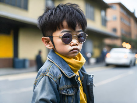 Charming asian boy in yellow sunglasses wearing stylish denim jacket looking at the camera standing on a blurred city background. Hipster boy. Generative Aiの素材
