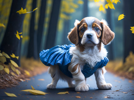 Cute cocker spaniel puppy wearing blue dress in the forest. Dog vacation relax concept. Hiking. Generative Aiの素材