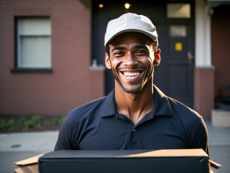 Delivery Concept - Portrait of Happy African American delivery man holding a box package outside. Generative Aiの素材