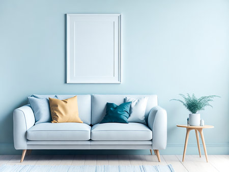 Blank frame mockup for artwork or print on pastel blue wall with blue couch, copy space. Interior design. Generative Aiの素材