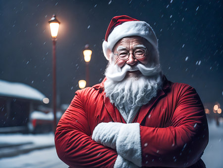 Happy Santa Claus outdoors in snowfall hands crossed. Generative Ai.の素材
