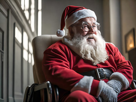 Cheerful Santa Claus is sitting on white chair in a room with a beautiful Christmas interior. Christmas and New Year celebration. Generative Aiの素材