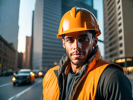 Portrait of construction worker with safety helmet on head in vest standing at construction site and looking at camera. Generative Aiの素材