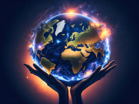 Small girl is holding the Earth. Save the planet. Earth Day. Future is in Their Hands. Generative Aiの素材