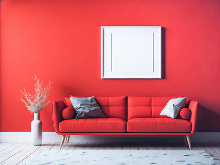 Blank frame mockup for artwork or print on pastel red wall with red couch, copy space. Interior design. Generative Aiの素材