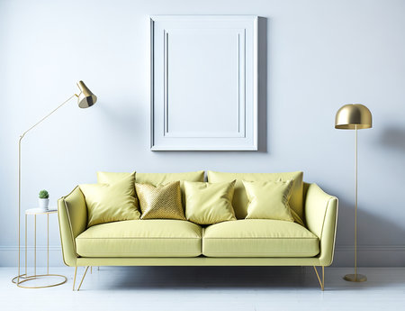 Blank frame mockup for artwork or print on white wall with yellow couch, copy space. Interior design. Generative Aiの素材