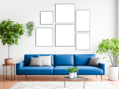 Six blank frames mockup for artwork or print on white wall with blue couch eucalyptus green plants in vase, copy space. Interior design. Generative Aiの素材