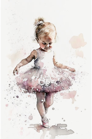 Watercolor little ballerina girl in a pink dress with a tutu skirt makes a pose on a white background. Generative ai.の素材