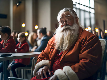 Cheerful Santa Claus is sitting on chair greeting children in a room with a beautiful Christmas interior. Christmas and New Year celebration. Generative Aiの素材