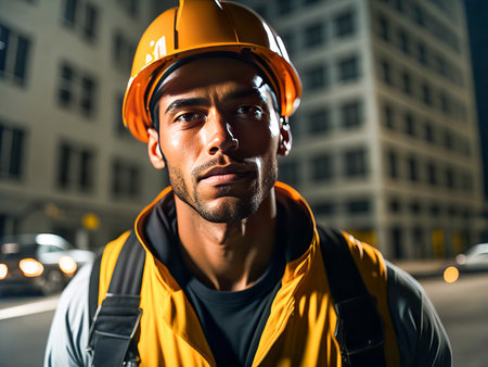 Portrait of construction worker with safety helmet on head in vest standing at construction site and looking at camera. Generative Aiの素材