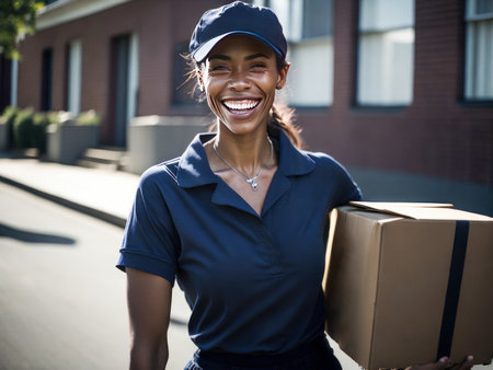Portrait of Happy African American delivery woman holding a box package outside. Delivery Concept. Generative Aiの素材