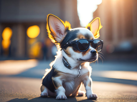 Cute dog chihuahua breed wearing leather jacket and sunglasses city on background. Dog vacation relax concept. Generative Aiの素材