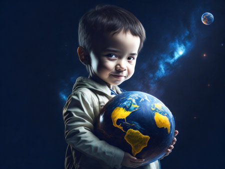 Small child is holding the Earth. Save the planet. Earth Day. Future is in Their Hands. Generative Aiの素材