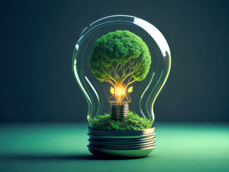 Eco friendly lightbulb with new growth, concept of Renewable Energy and Sustainable Living. concept business energy in nature on the world. Generative Aiの素材