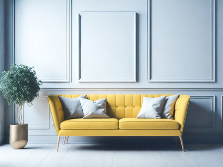 Blank frame mockup for artwork or print on grey wall with yellow couch, copy space. Interior design. Generative Aiの素材