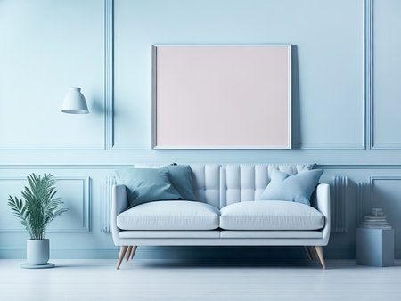 Blank frame mockup for artwork or print on pastel blue wall with blue couch, copy space. Interior design. Generative Aiの素材