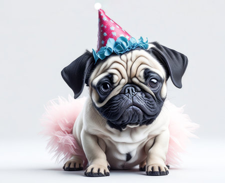 Cute funny pug puppy wearing birthday hat and pink tutu on white background. Generative Aiの素材