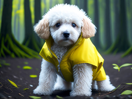 Cute dog white poodle wearing yellow rain jacket hiking in the forest. Dog vacation relax concept. Generative Aiの素材