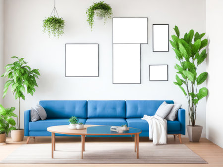 Five blank frames mockup for artwork or print on white wall with blue couch eucalyptus green plants in vase, copy space. Interior design. Generative Aiの素材