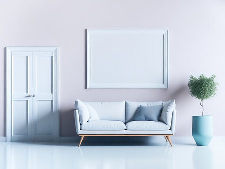 Blank frame mockup for artwork or print on pastel pink wall with blue couch, copy space. Interior design. Generative Aiの素材