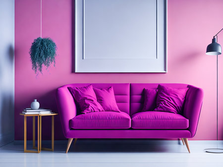 Blank frame mockup for artwork or print on pink wall with magenta couch, copy space. Interior design. Generative Aiの素材