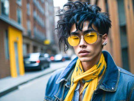Charming asian man in yellow sunglasses wearing stylish denim jacket looking at the camera standing on a blurred city background. Hipster boy. Generative Aiの素材