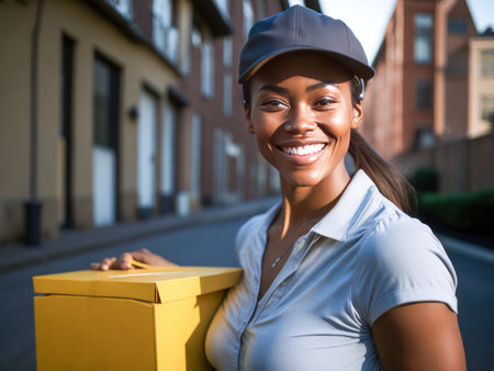Portrait of Happy African American delivery woman holding a box package outside. Delivery Concept. Generative Aiの素材