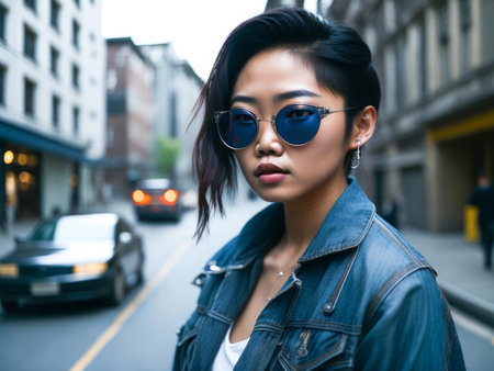 Charming asian woman in blue sunglasses wearing stylish denim jacket looking at the camera standing on a blurred city background. Hipster girl. Generative Aiの素材