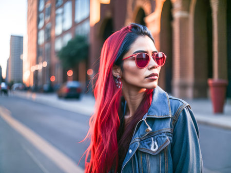 Charming caucasian woman with red long hair in red sunglasses wearing stylish denim jacket looking at the camera standing on a blurred city background. Hipster girl. Generative Aiの素材