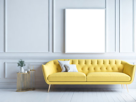 Blank frame mockup for artwork or print on white wall with yellow couch, copy space. Interior design. Generative Aiの素材
