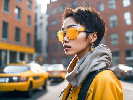 Charming asian woman in sunglasses wearing stylish yellow leather jacket looking at the camera standing on a blurred city background. Hipster girl. Generative Aiの素材