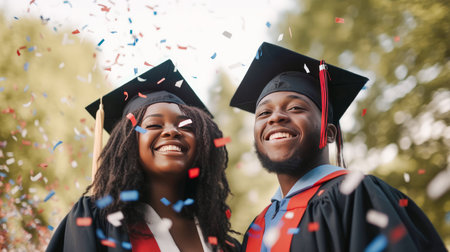 Happy African American Graduating Students Celebrating Graduation. Generative aiの素材