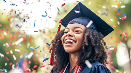 Happy African American female graduating student celebrating Graduation. School graduation. Generative aiの素材