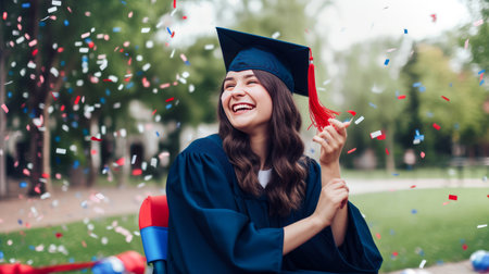 Happy caucasian female graduating student on wheelchair celebrating Graduation. Disabled handicapped teenager. School graduation. Generative aiの素材