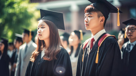 Happy Asian Graduating Students Celebrating Graduation. Generative aiの素材