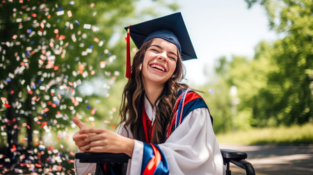 Happy caucasian female graduating student on wheelchair celebrating Graduation. Disabled handicapped teenager. School graduation. Generative aiの素材