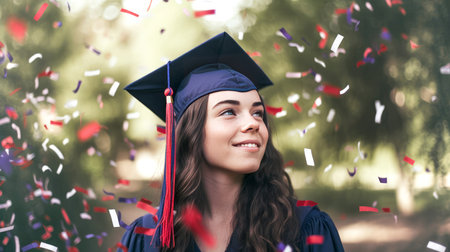 Happy Caucasian female graduating student celebrating Graduation. School graduation. Generative aiの素材