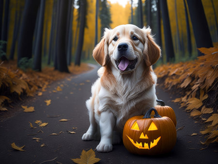 Cute golden retriever dog with pumpkin with autumn forest. Halloween costume. Dog vacation relax concept. Generative Aiの素材