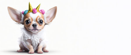Banner of cute funny chihuahua puppy wearing birthday hat on white background. Space for text. Copy space. Generative Aiの素材