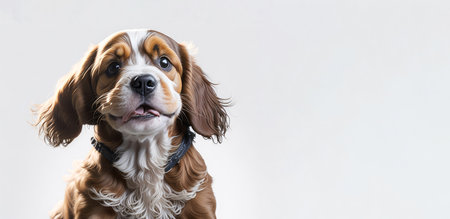Banner of cute happy cocker spaniel puppy on white background. Space for text. Copy Space. Generative Aiの素材